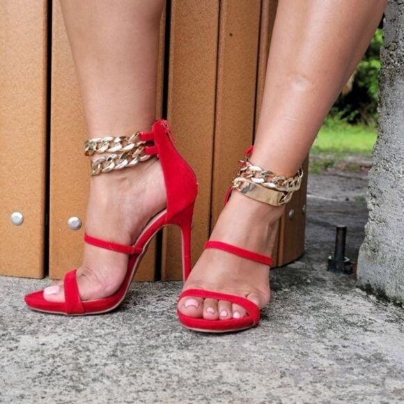 Red Two Part Stiletto Heeled Chain Sandals - Picture 7 of 7